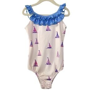 Sweet Honey Ruffle One Piece Swimsuit Sailboats Nautical Ocean Girls 6Y Summer